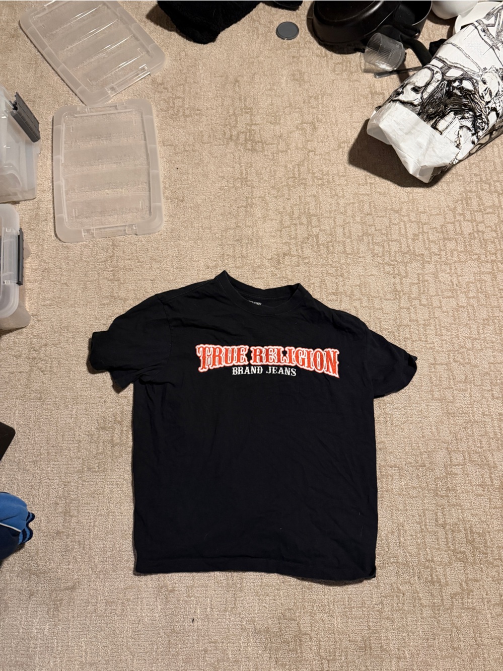 True Religion Black Tee with Red and White Logo Text